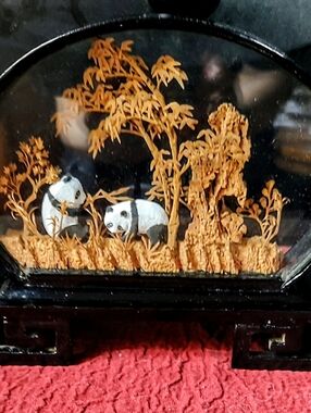 Handcrafted Panda Diorama in Glass - Black & White with Golden Bamboo